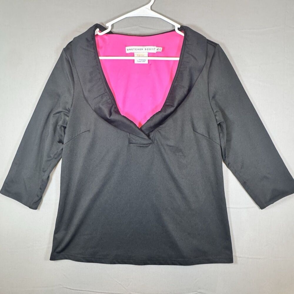 Women's Gretchen Scott Black Blouse Pink Ruffle Neck Cropped Sleeve Size Medium